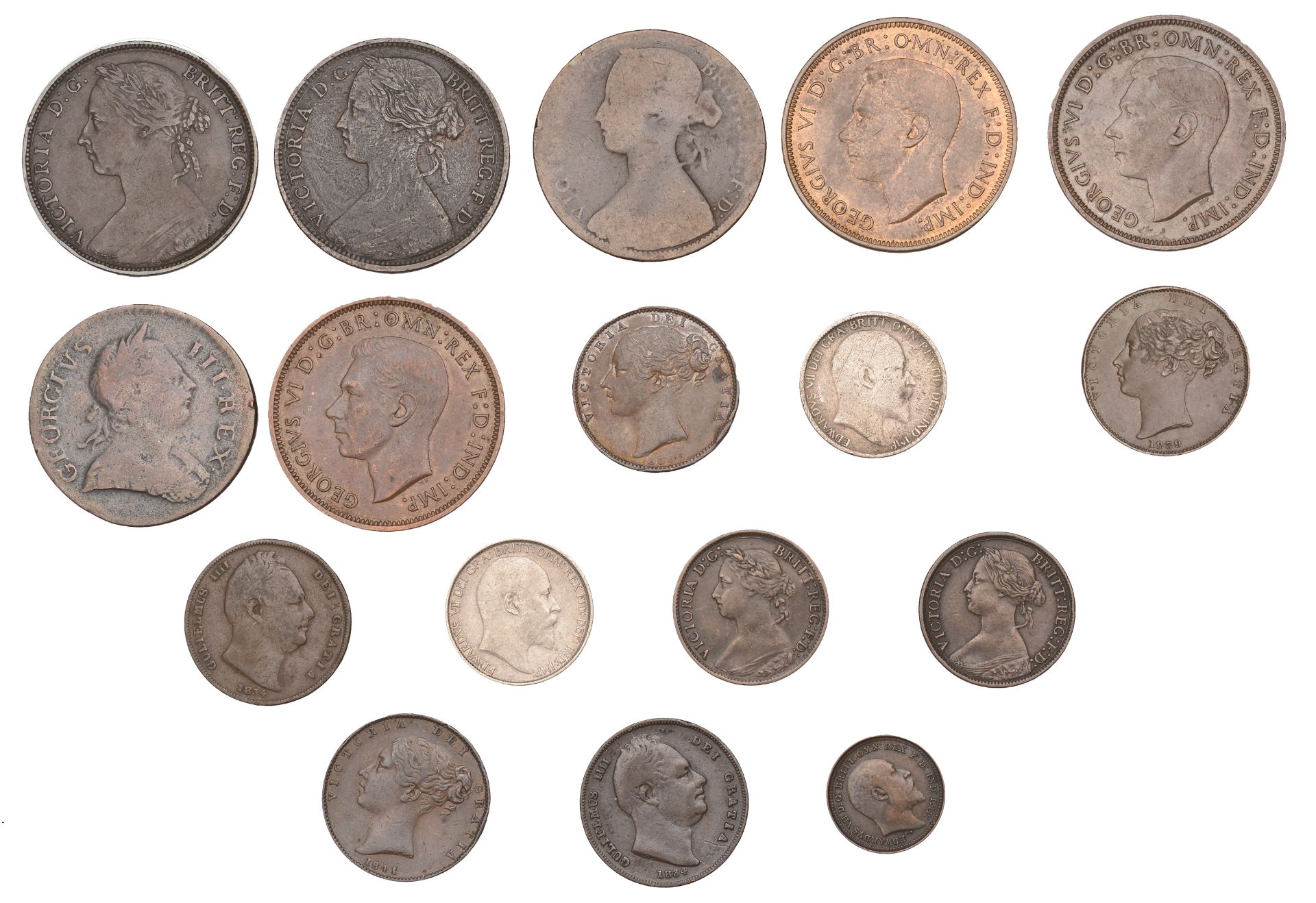 George III to George VI, Sixpences (2), Pennies (6), Halfpenny, Farthings (7), and Third-Far...