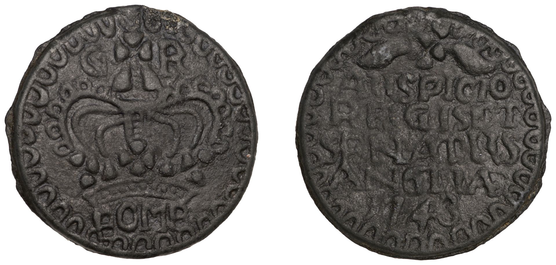 India, EIC, Bombay Presidency, zinc Double-Pice, 1743, 28.79g/12h (Stevens 2.127; Prid. 235)...