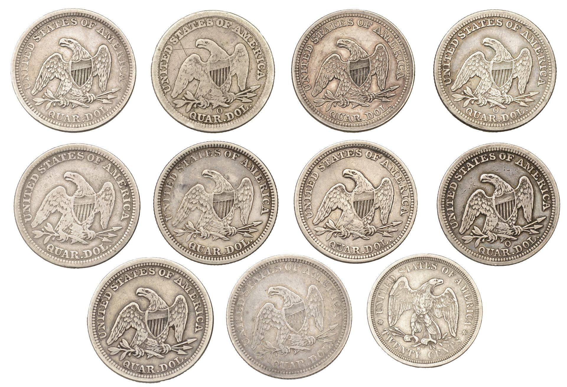 United States of America, Quarter-Dollars (10), 1856, 1856o, 1857, 1857o, 1858, 1858o, 1859,...