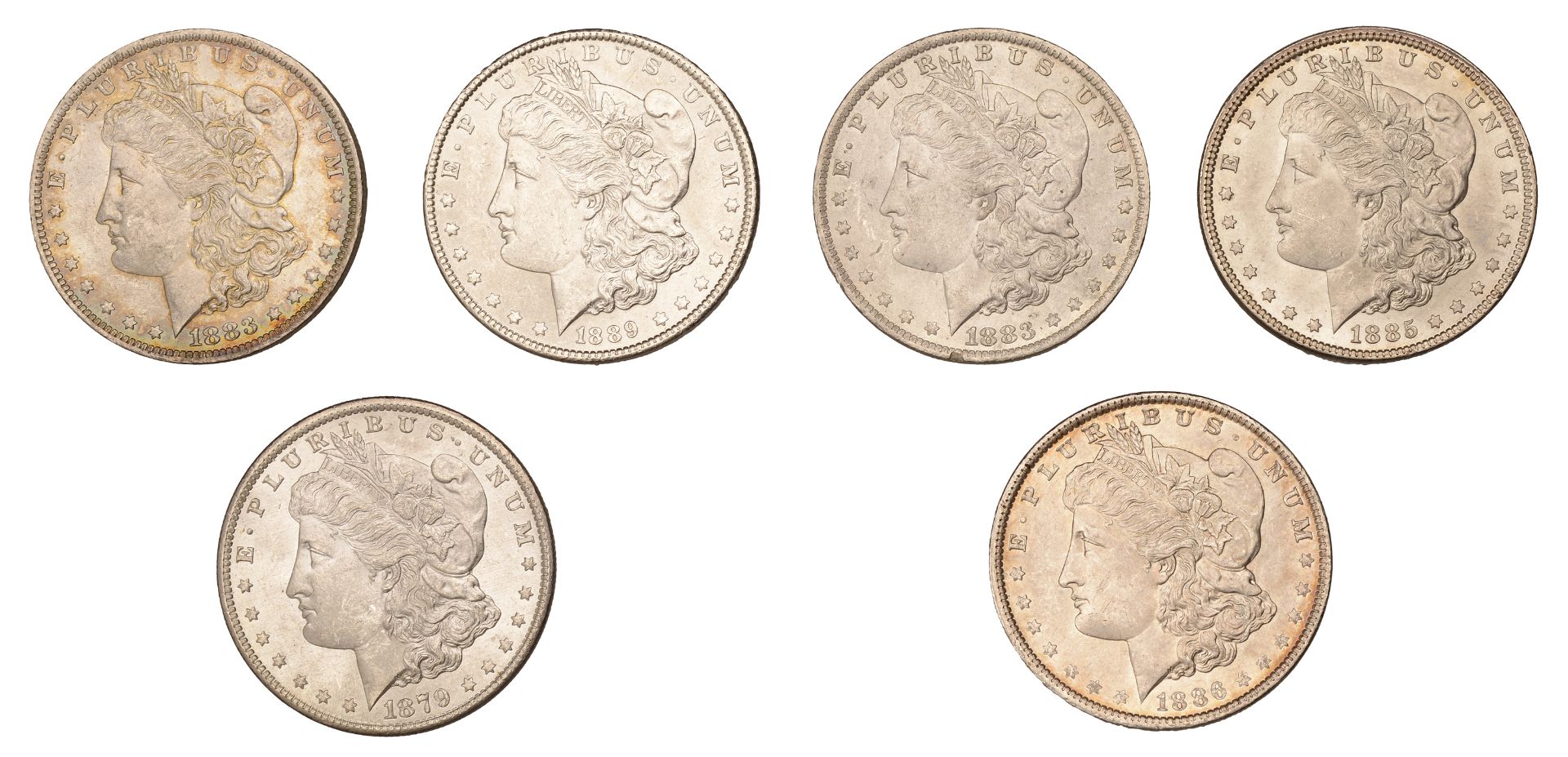 United States of America, Dollars (6), 1879s, 1883o (2), 1885, 1886, 1889 [6]. Extremely fin...