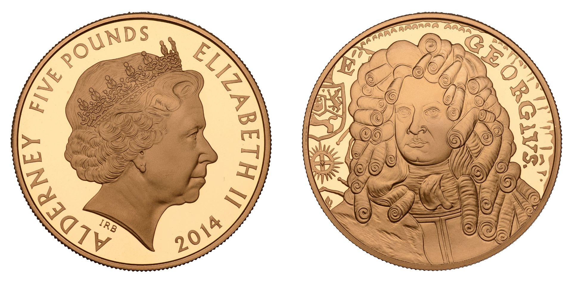 Alderney, Elizabeth II, Proof Five Pounds in gold, 2014, George I 300th Anniversary. Brillia...