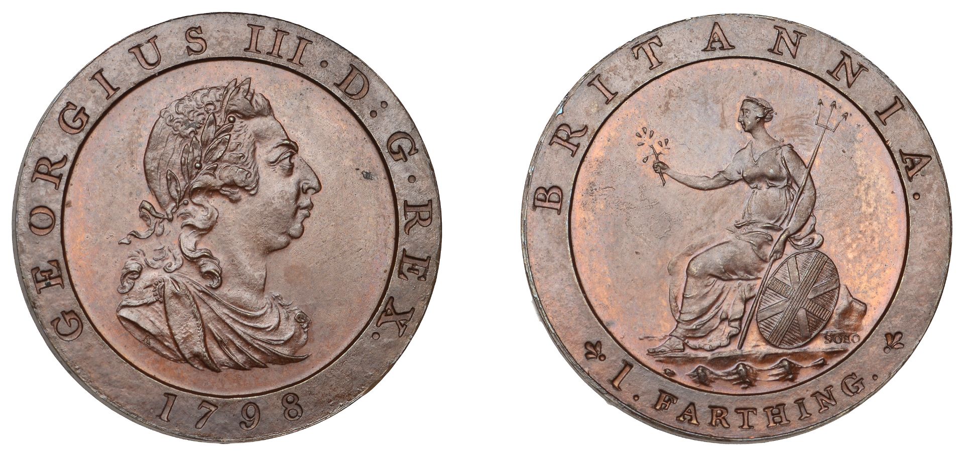 George III (1760-1820), Pre-1816 issues, Restrike Pattern Farthing, 1798, by W.J. Taylor, in...