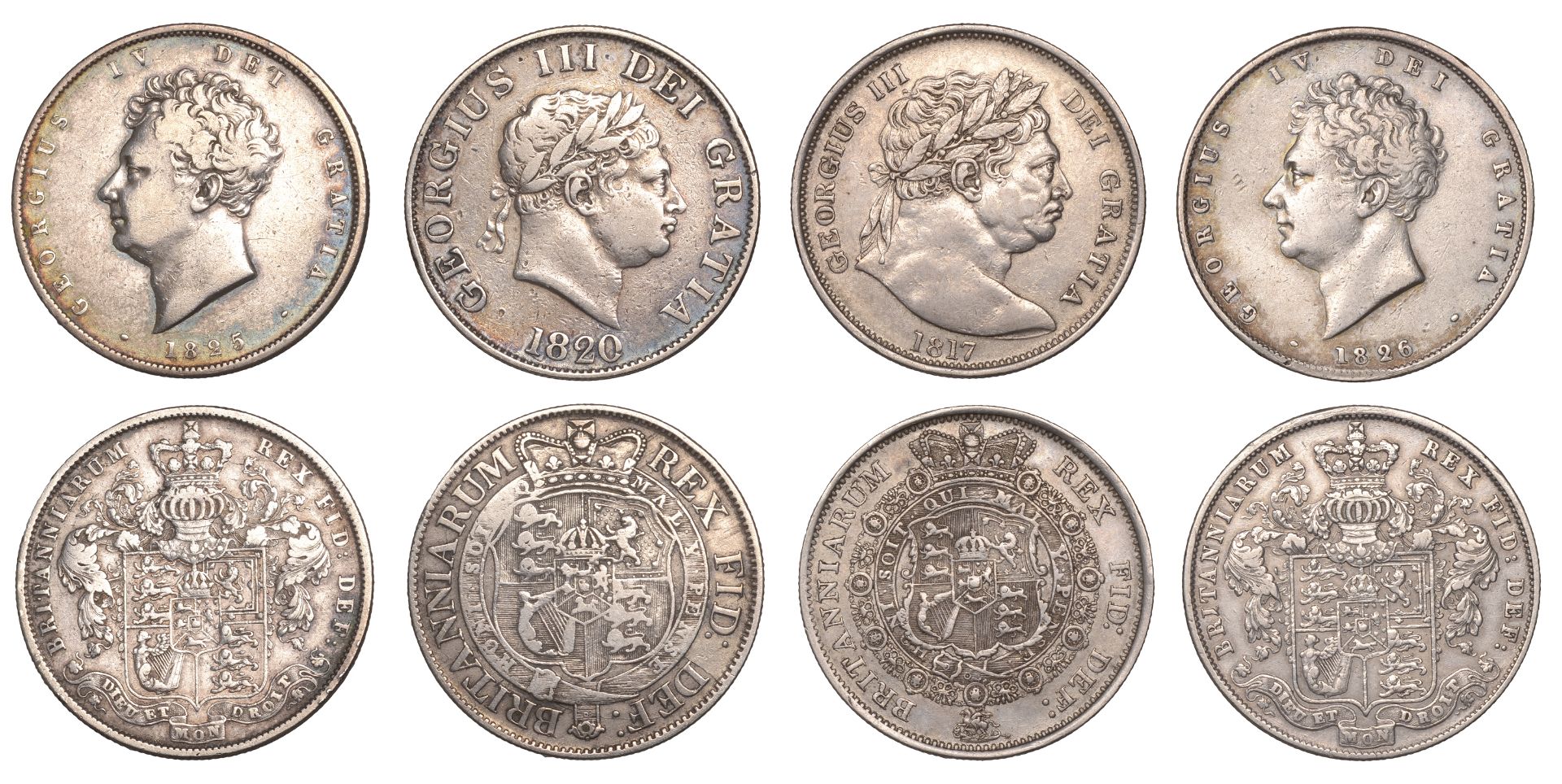 George III, Halfcrowns (2), 1817, 1820 (S 3788-9); George IV, Halfcrowns (2), 1825, 1826 (S...
