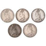 Victoria (1837-1901), Crowns (5), 1887, 1888 (2, wide and narrow date), 1889, 1890 (ESC 2585...