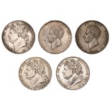 George IV (1820-1830), Halfcrowns (5), 1820, 1823 (2), both type 2, 1825, 1829 (ESC 2357, 23...
