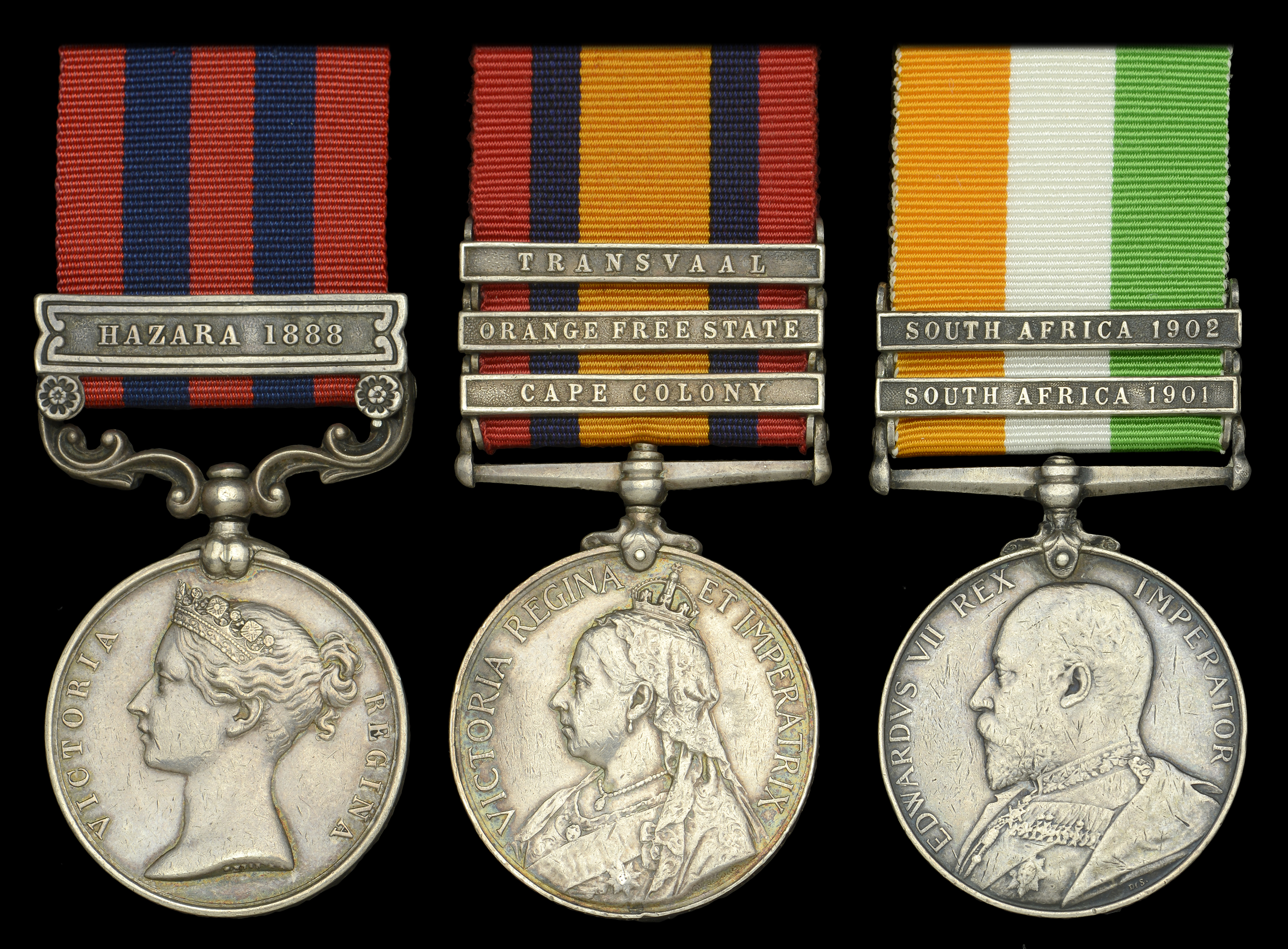 Three: Colour Sergeant E. Plumb, Suffolk Regiment India General Service 1854-95, 1 clasp,...