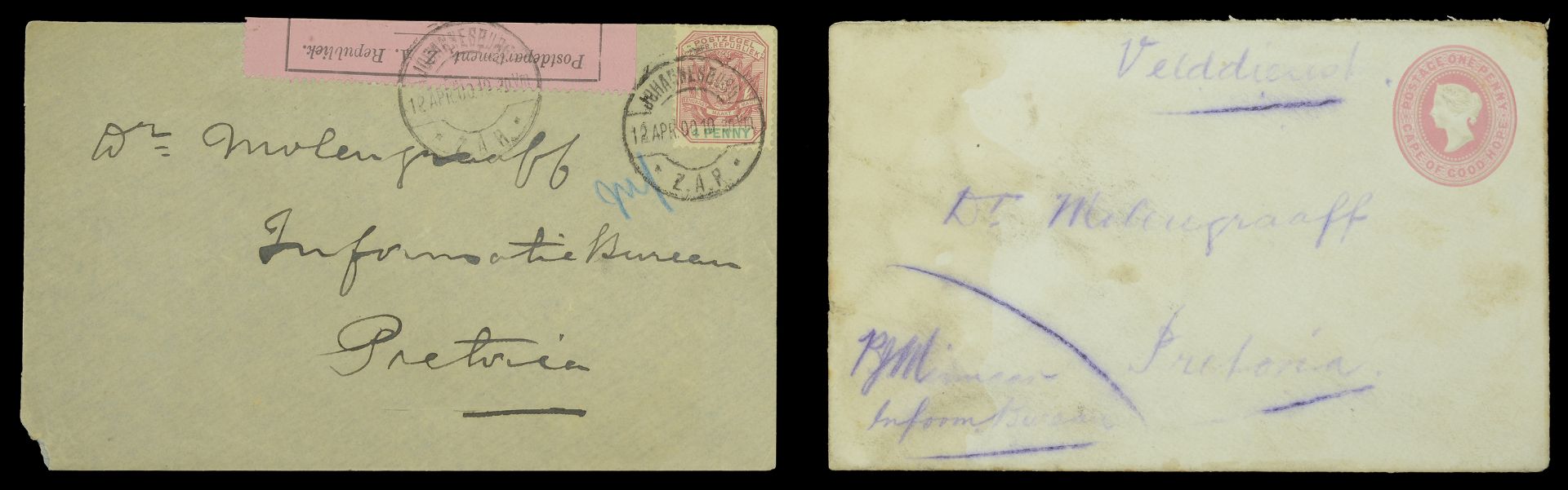 Boer War Postal Covers (2) both addressed to 'Dr. Molengraaf, Information Bureau, Pretoria',...