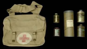 Medical Bags. A 1937 pattern webbing Army Red Cross medical bag by Meco dated 1955, the gr...