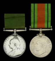 Volunteer Force Long Service Medal, V.R., unnamed as issued, edge bruise; together with Defe...