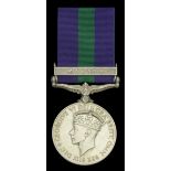 General Service 1918-62, 1 clasp, Malaya, G.VI.R. (Lt. P. H. Cantan. D.C.L.I.) edge bruise,...