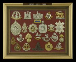 Korean War Cap Badges. An attractive framed collection of cap badges representing those uni...