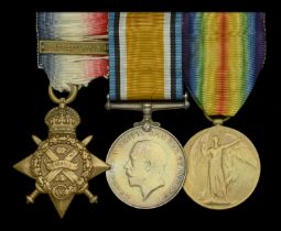 Three: Acting Corporal R. Brett, Scottish Rifles (Cameronians) 1914 Star, with copy clasp...