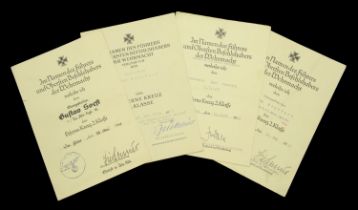German Second World War Iron Cross Citations. Four citations, all A5 size, printed version...