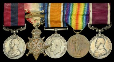 A Great War 'Pilkem July 1915' D.C.M. group of five awarded to Bandsman W. Barrett, Somerset...