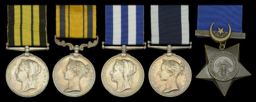 Five: Ship's Steward for General Mess E. Woodland, Royal Navy Ashantee 1873-74, no clasp...