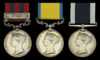 Three: Admiral's Coxswain C. H. Isaac, Royal Navy India General Service 1854-95, 1 clasp,...