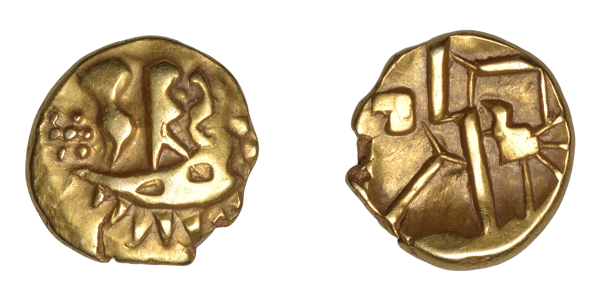 DUROTRIGES, Uninscribed series, Quarter-Stater, crescent with three appendages ('three men i...