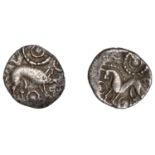 CORIELTAUVI, Early Uninscribed issues, silver Unit, Proto-Boar type, boar right, large solar...