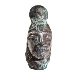 Greek, archaic style silver foil wrapped bronze head, 46mm x 17mm, with lentoid eyes and hai...