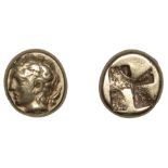 Greek Coinages, IONIA, Phokaia, electrum Hekte or Sixth-Stater, 478-387, youthful head of Pa...