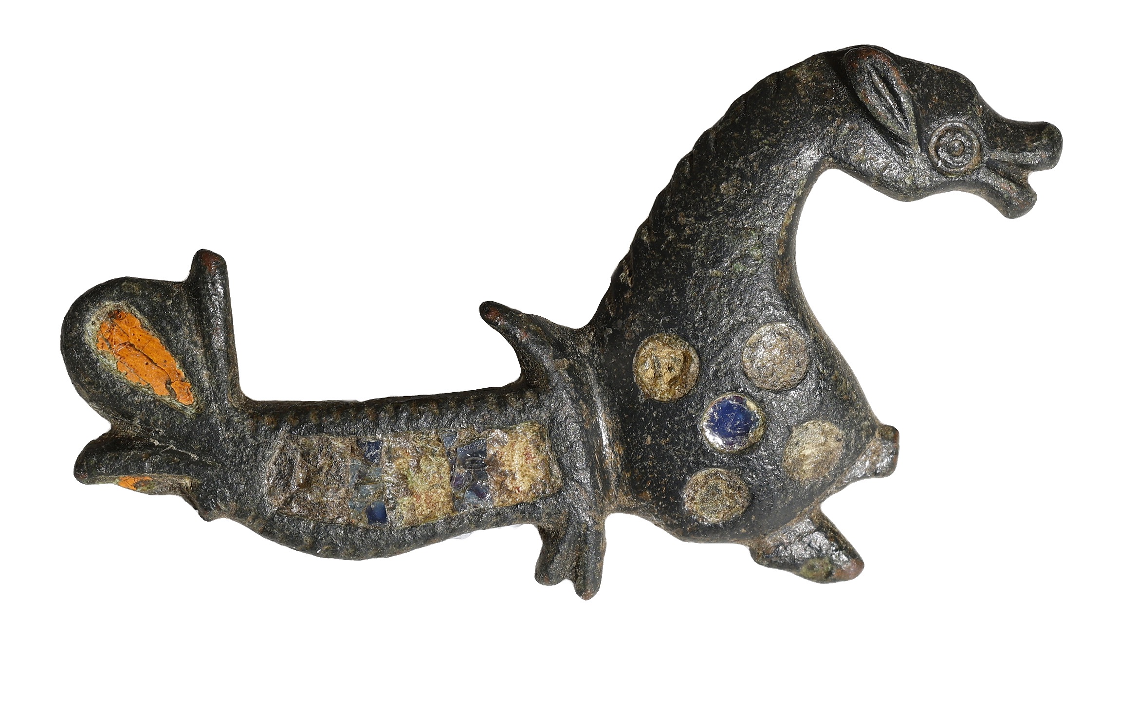 Roman, bronze Hippocampus plate brooch, 2nd century AD, 41mm x 23mm; seahorse with horse hea...