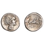 Roman Republican Coinage, Claudius Pulcher and Q. Urbinius, Denarius, 111-10, head of Roma r...