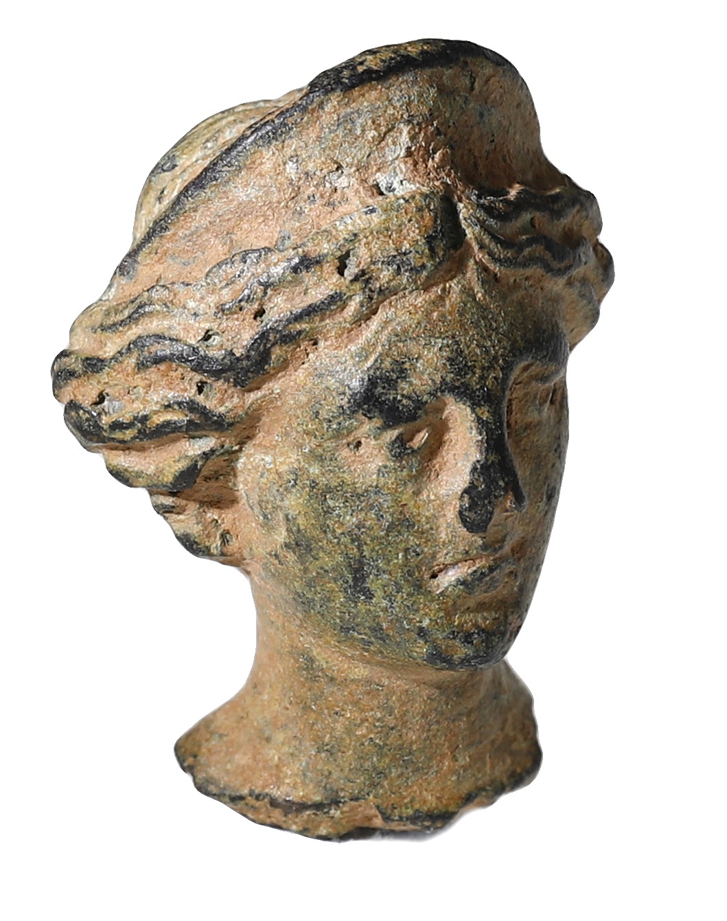 Roman, bronze head of Venus, 1st-2nd century, 3cm x 2.1cm, diademed head with hair centrally... - Image 2 of 5