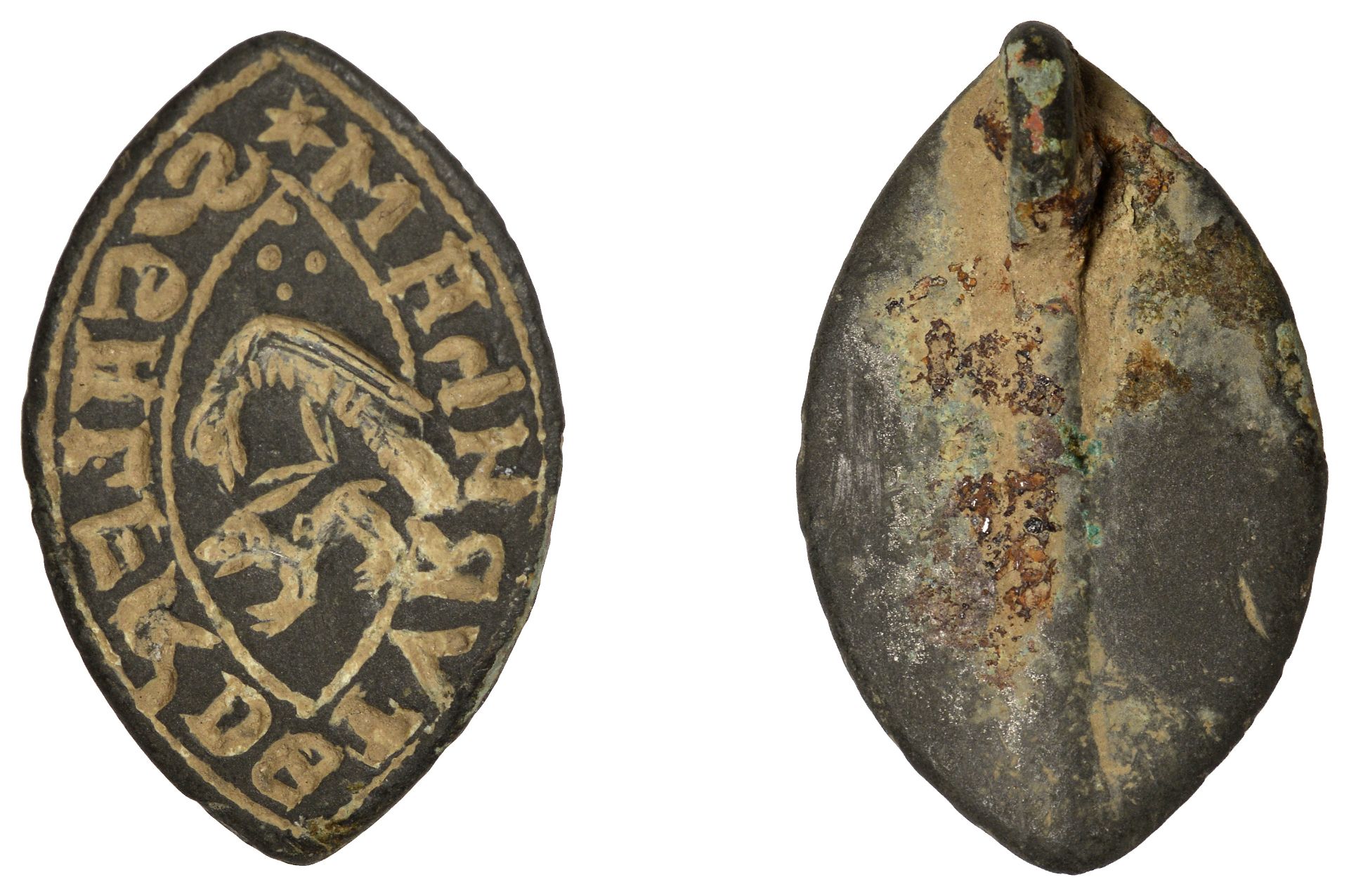14th century, a bronze seal matrix, pointed oval, 28mm x 18mm x 7mm, reads s galfr de tvrnha...
