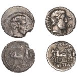 Roman Republican Coinage, T. Vettius Sabinus, serrate Denarii (2), c. 70, bareheaded and bea...