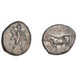 Greek Coinages, LUCANIA, Poseidonia, Nomos, c. 420-410, Poseidon standing right, casting tri...