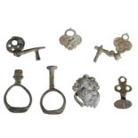 17th-18th century, artefacts (7), including brass watch keys (3), one broken; seal matrix wi...