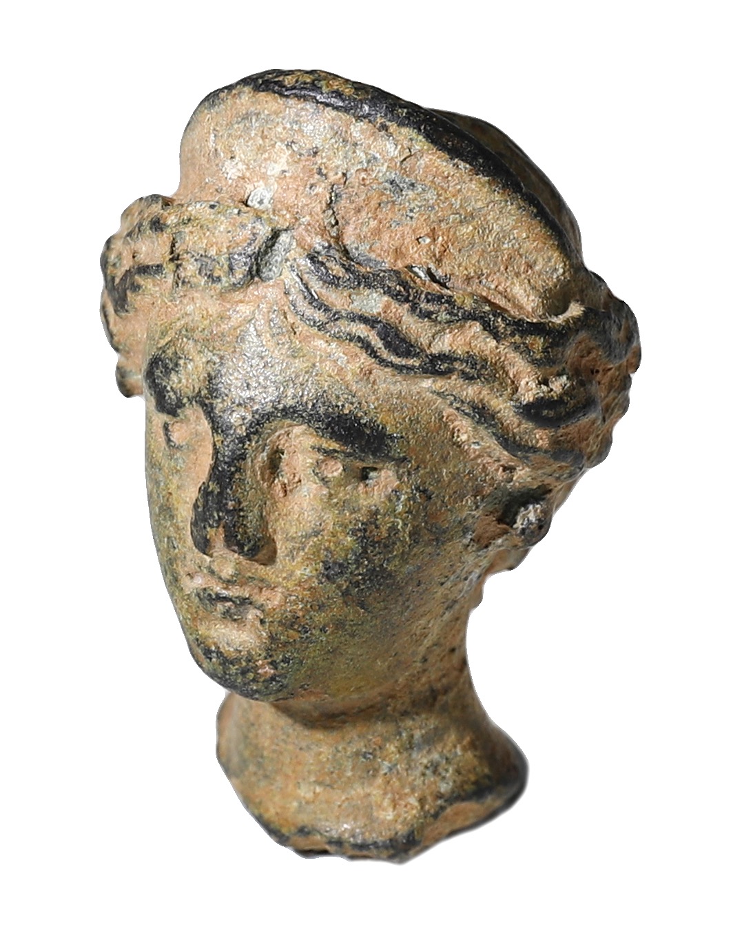 Roman, bronze head of Venus, 1st-2nd century, 3cm x 2.1cm, diademed head with hair centrally... - Image 3 of 5