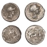 Roman Republican Coinage, M. Cipius M.f., Denarius, c. 115-114, helmeted head of Roma right,...