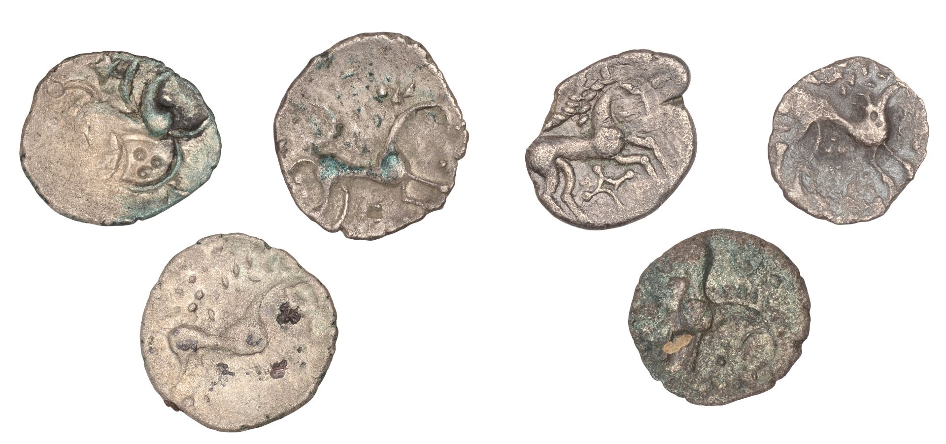 ICENI, Uninscribed issues, silver Unit, Face/Horse type, stylised head right, wreath behind,... - Bild 2 aus 2