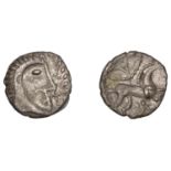 ICENI, Uninscribed issues, silver Unit, Face/Horse type, stylised head right, wreath behind,...