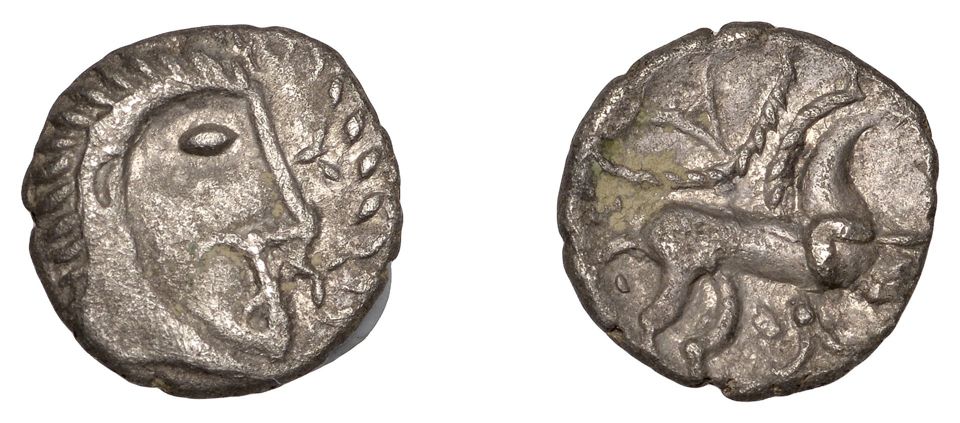 ICENI, Uninscribed issues, silver Unit, Face/Horse type, stylised head right, wreath behind,...