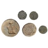 Lead circular trade weights (2): Charles I, one ounce with crowned CR; Commonwealth, half-ou...