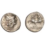 Roman Republican Coinage, C. Servilius M.f., Denarius, c. 136, helmeted head of Roma right,...