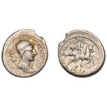 Roman Republican Coinage, P. Fonteius Capito, Denarius, c. 55, helmeted and draped bust of M...