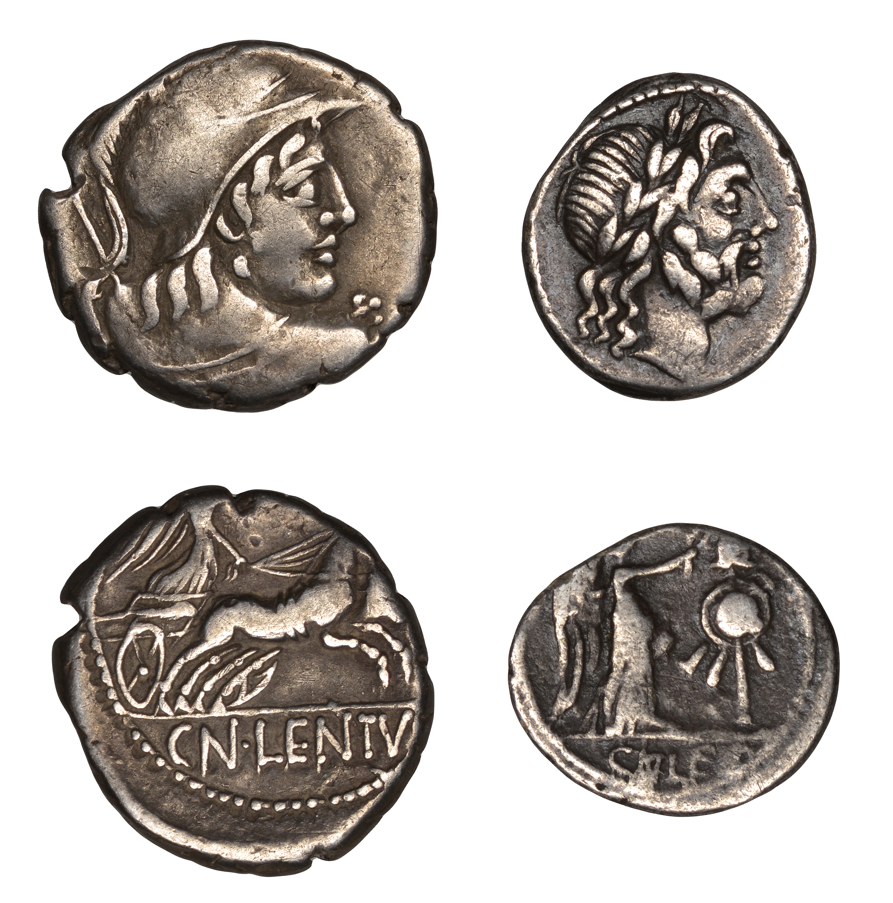 Roman Republican Coinage, Cn. Lentulus Clodianus, Denarius, c. 88, helmeted bust of Mars rig...