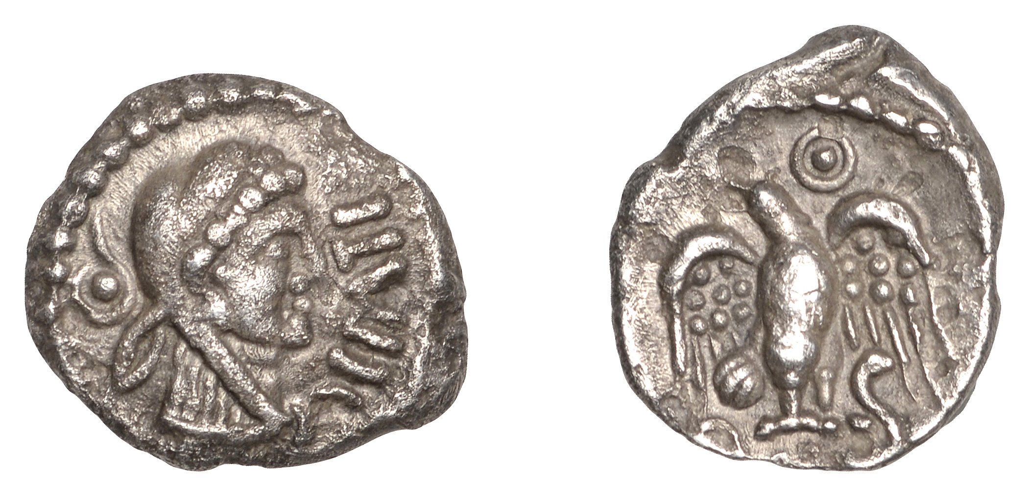 ATREBATES and REGNI, Epaticcus, silver Unit, head of Hercules right, epati before face, rev....