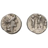Roman Republican Coinage, Publius Laeca, Denarius, c. 110-109, helmeted head of Roma right,...
