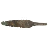 Bronze Age, c. 800-500 BC, tanged knife/spearhead 142mm x 25mm, flattened, slightly bevelled...