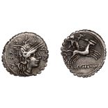 Roman Republican Coinage, C. Malleolus, serrate Denarius, c. 118, head of Roma right, wearin...
