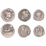 Roman Republican Coinage, L. Porcius Licinus and Cn. Domitius, serrate Denarius, c. 118, hel...