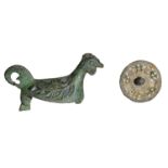 Roman, bronze cockerel brooch, 2nd century AD, 45mm x 18mm x 25mm high, hollow-bodied and th...