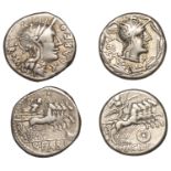 Roman Republican Coinage, Man. Acilius Balbus, Denarius, c. 125, helmeted head of Roma right...