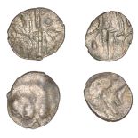 DUROTRIGES, Uninscribed series, silver Units (2), Badbury Rat type, trace of 'three men in b...
