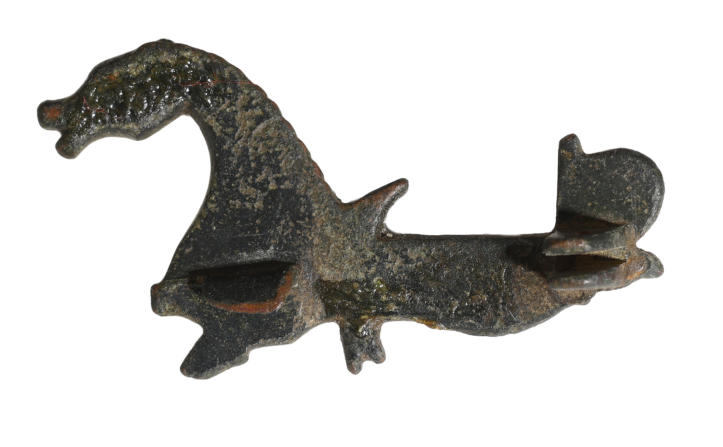 Roman, bronze Hippocampus plate brooch, 2nd century AD, 41mm x 23mm; seahorse with horse hea... - Image 2 of 2