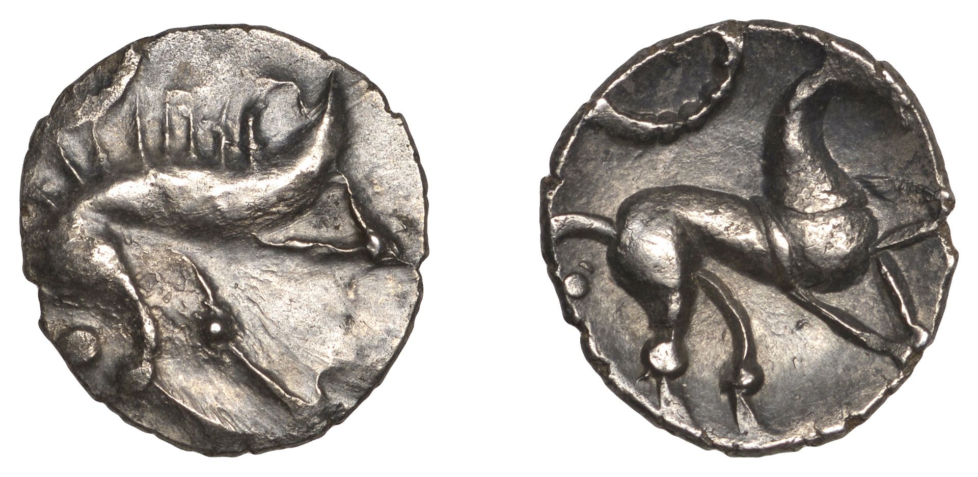 CORIELTAUVI, Early Uninscribed issues, silver Unit, South Ferriby type, boar right, nothing...